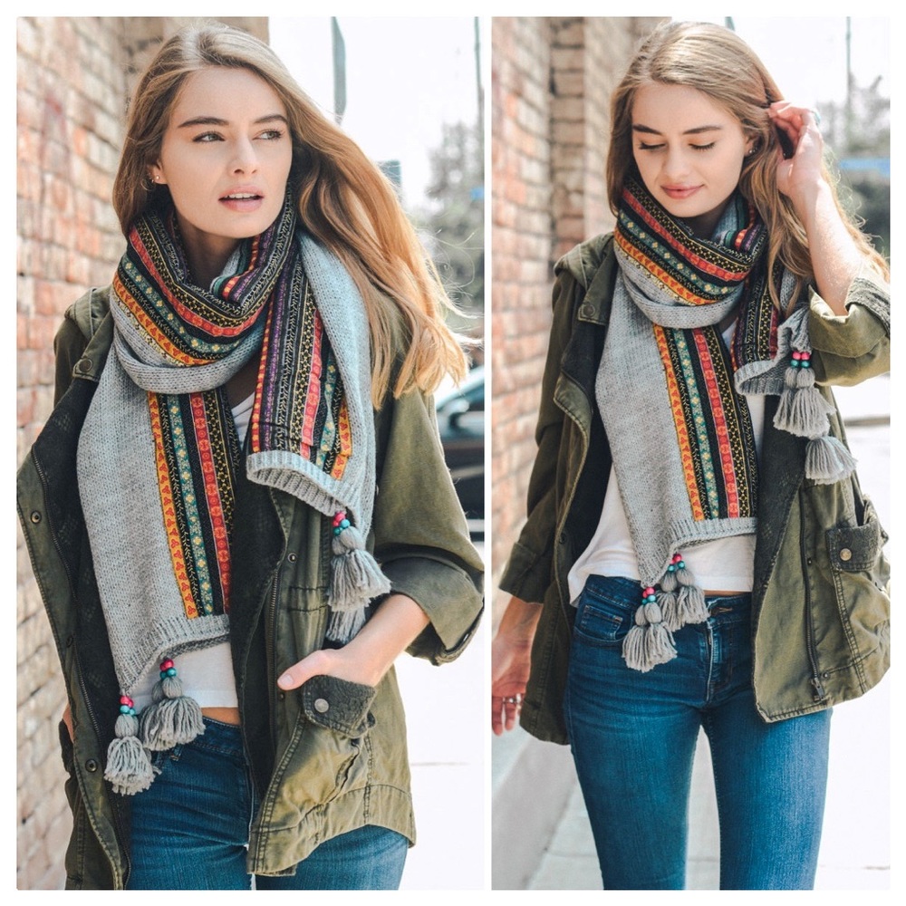 Bohemian Knit Braided & Tassel Scarf - Picture 6 of 7